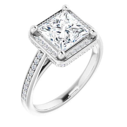 10K White Gold Customizable Cathedral-Halo Princess/Square Cut Design with Under-halo & Shared Prong Band