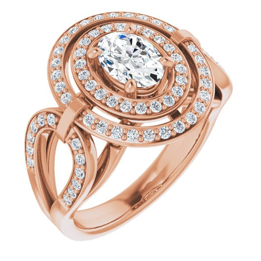 10K Rose Gold Customizable Cathedral-set Oval Cut Design with Double Halo & Accented Ultra-wide Horseshoe-inspired Split Band