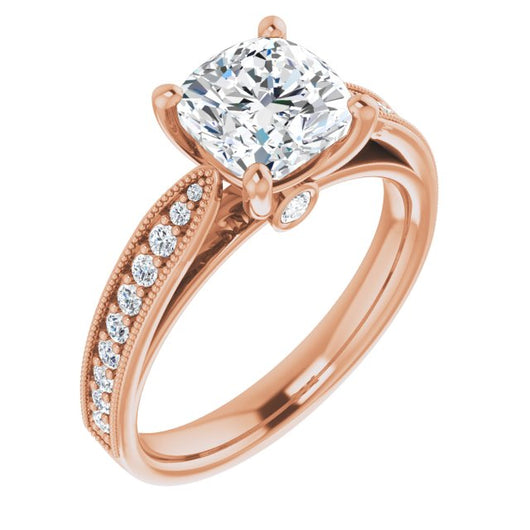 14K Rose Gold Customizable Cushion Cut Style featuring Milgrained Shared Prong Band & Dual Peekaboos