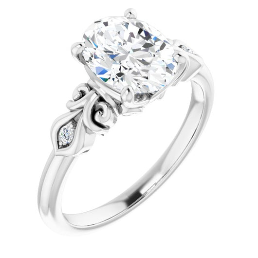 10K White Gold Customizable 3-stone Oval Cut Design with Small Round Accents and Filigree