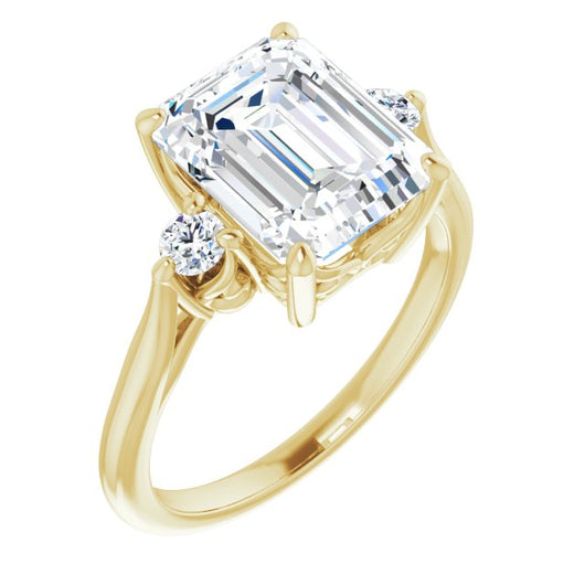 10K Yellow Gold Customizable Three-stone Emerald/Radiant Cut Design with Small Round Accents and Vintage Trellis/Basket