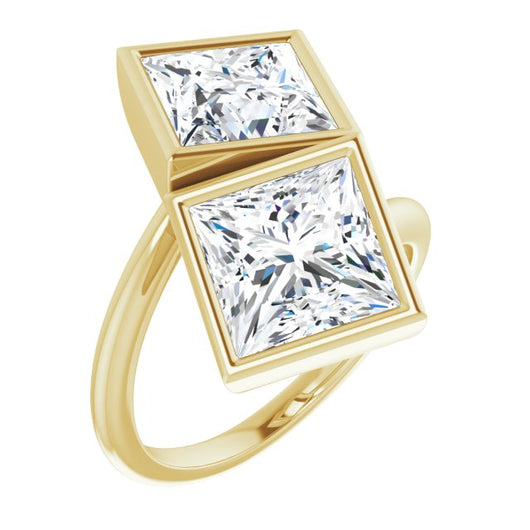 10K Yellow Gold Customizable 2-stone Double Bezel Princess/Square Cut Design with Artisan Bypass Band