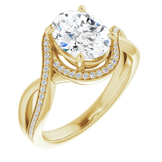 10K Yellow Gold Customizable Bypass-Halo-Accented Oval Cut Center with Twisting Split Shared Prong Band