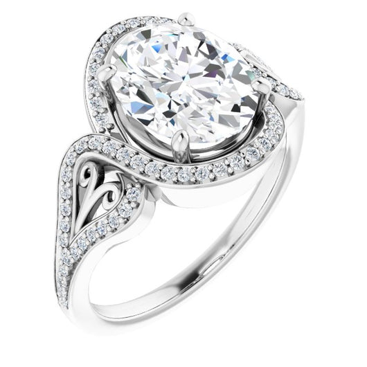 10K White Gold Customizable Oval Cut Design with Bypass Halo and Split-Shared Prong Band