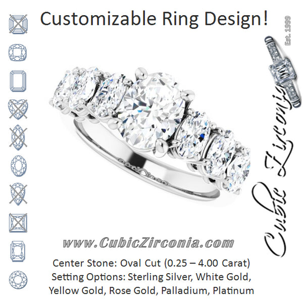 Cubic Zirconia Engagement Ring- The Xiomara (Customizable 7-stone Oval Cut Design with Large Round-Prong Side Stones)