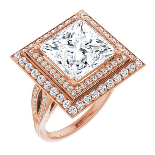 10K Rose Gold Customizable Cathedral-style Princess/Square Cut Design with Double Halo & Split-Pavé Band