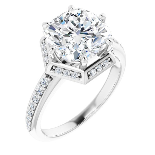 10K White Gold Customizable Cushion Cut Design with Geometric Under-Halo and Shared Prong Band