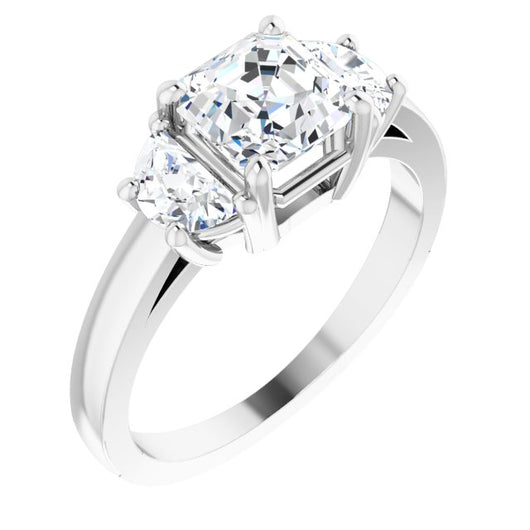 10K White Gold Customizable 3-stone Design with Asscher Cut Center and Half-moon Side Stones