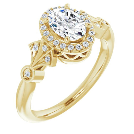 10K Yellow Gold Customizable Cathedral-Crown Oval Cut Design with Halo and Scalloped Side Stones