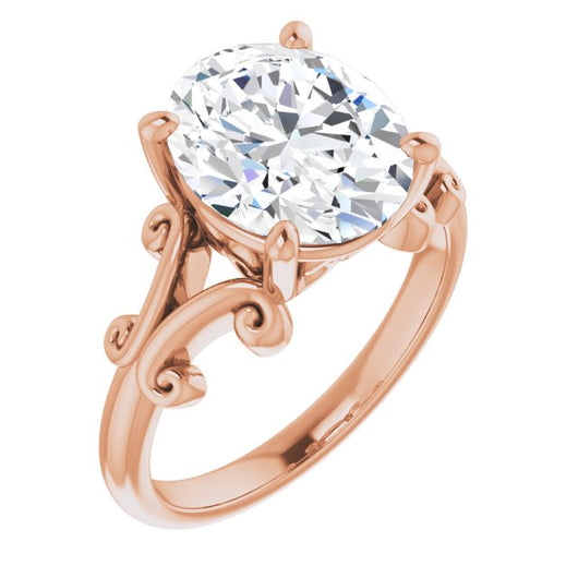 10K Rose Gold Customizable Oval Cut Solitaire with Band Flourish and Decorative Trellis