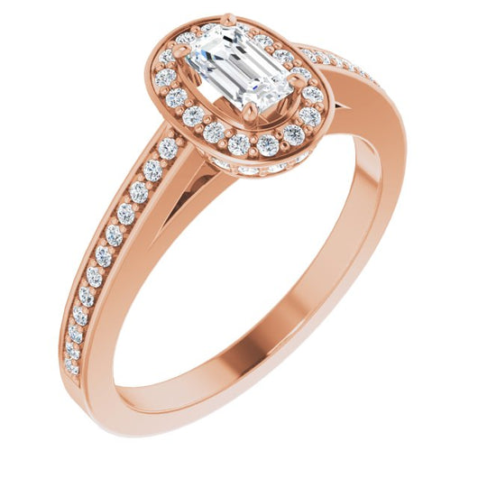 10K Rose Gold Customizable Cathedral-set Emerald/Radiant Cut Design with Halo, Thin Pavé Band & Round-Bezel Peekaboos