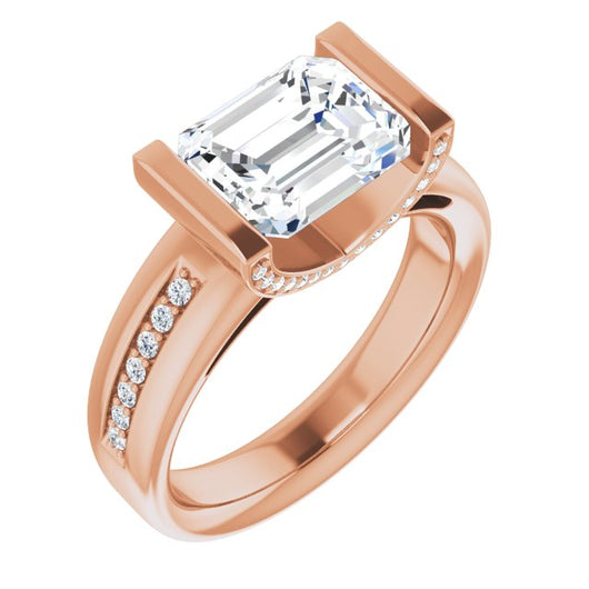 10K Rose Gold Customizable Cathedral-Bar Emerald/Radiant Cut Design featuring Shared Prong Band and Prong Accents