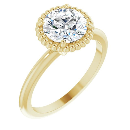 10K Yellow Gold Customizable Round Cut Solitaire with Beaded Metallic Milgrain