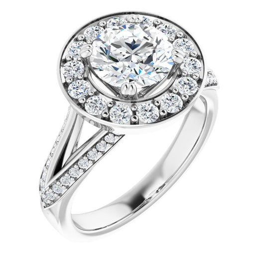 10K White Gold Customizable Round Cut Center with Large-Accented Halo and Split Shared Prong Band