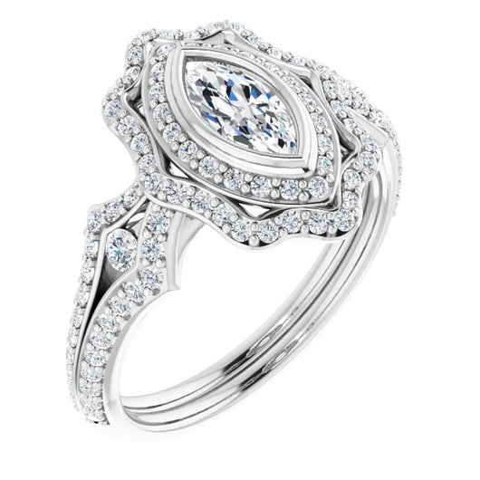 10K White Gold Customizable Marquise Cut Style with Ultra-wide Pavé Split-Band and Nature-Inspired Double Halo