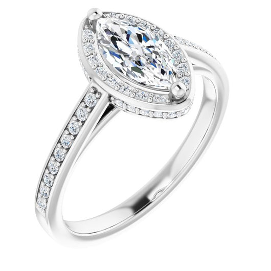 10K White Gold Customizable Cathedral-Halo Marquise Cut Design with Under-halo & Shared Prong Band