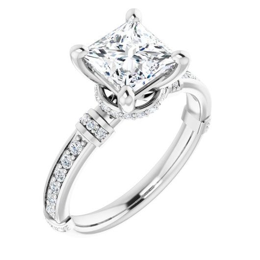 10K White Gold Customizable Princess/Square Cut Style featuring Under-Halo, Shared Prong and Quad Horizontal Band Accents