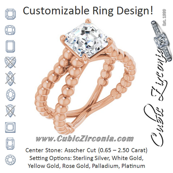 Cubic Zirconia Engagement Ring- The Isabella Noa (Customizable Asscher Cut Solitaire with Wide Beaded Split-Band)