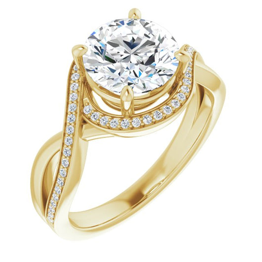 18K Yellow Gold Customizable Bypass-Halo-Accented Round Cut Center with Twisting Split Shared Prong Band