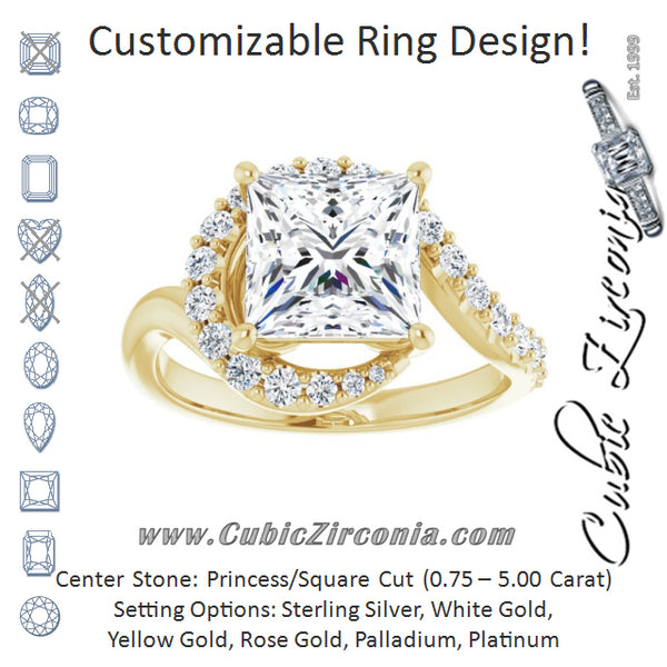 Cubic Zirconia Engagement Ring- The Phyllis (Customizable Princess/Square Cut Design with Swooping Pavé Bypass Band)