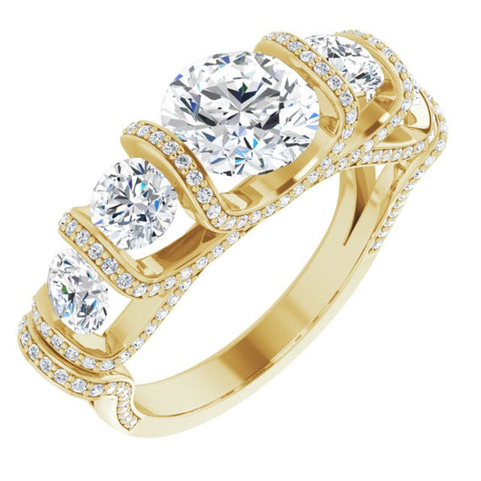 10K Yellow Gold Customizable Bar-set Round Cut 5-stone Design Plus Grandiose Pavé Accents