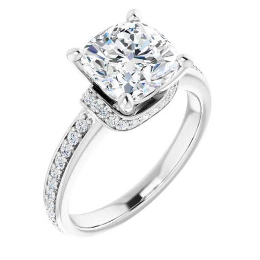 10K White Gold Customizable Cushion Cut Setting with Organic Under-halo & Shared Prong Band