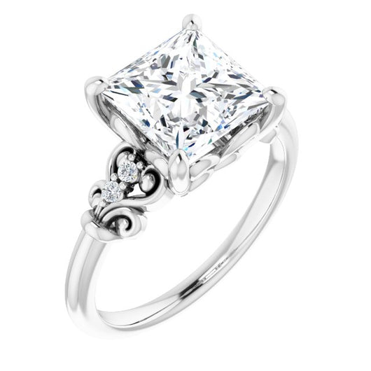 10K White Gold Customizable Vintage 5-stone Design with Princess/Square Cut Center and Artistic Band Décor