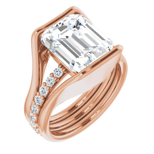 10K Rose Gold Customizable Bezel-set Emerald/Radiant Cut Style with Thick Pavé Band