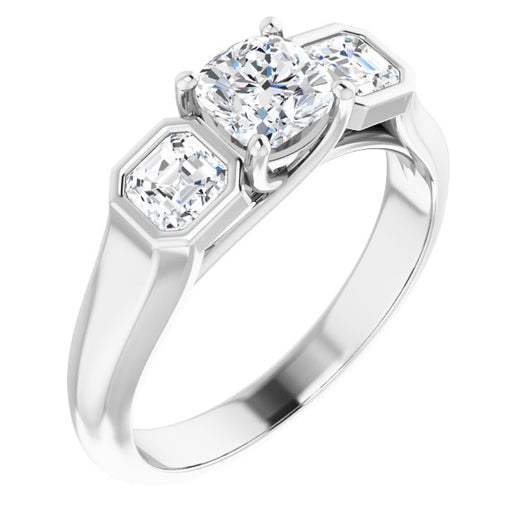 10K White Gold Customizable 3-stone Cathedral Cushion Cut Design with Twin Asscher Cut Side Stones