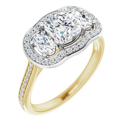 14K Yellow & White Gold Customizable Cushion Cut Style with Oval Cut Accents, 3-stone Halo & Thin Shared Prong Band