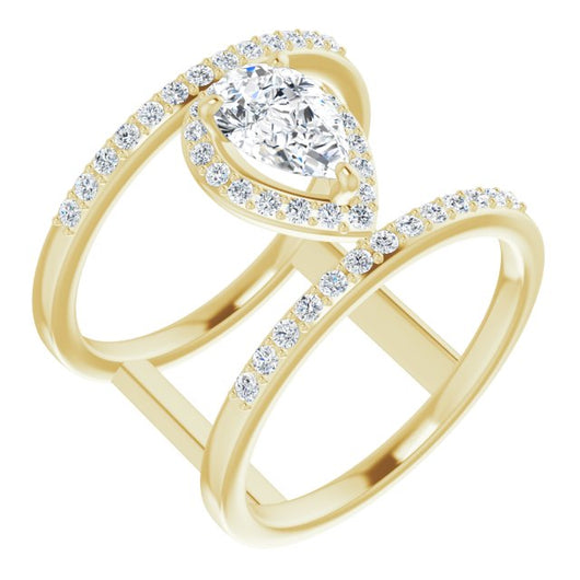 10K Yellow Gold Customizable Pear Cut Halo Design with Open, Ultrawide Harness Double Pavé Band