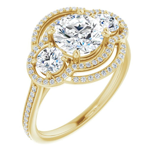 10K Yellow Gold Customizable Enhanced 3-stone Double-Halo Style with Round Cut Center and Thin Band