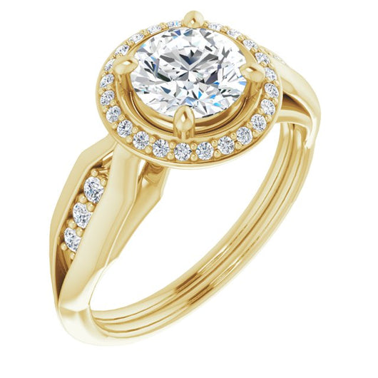 10K Yellow Gold Customizable Cathedral-raised Round Cut Design with Halo and Tri-Cluster Band Accents