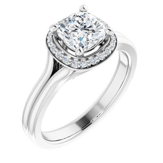 14K White Gold Customizable Cathedral-set Cushion Cut Design with Split-band & Halo Accents