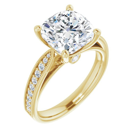 10K Yellow Gold Customizable Cushion Cut Style featuring Milgrained Shared Prong Band & Dual Peekaboos