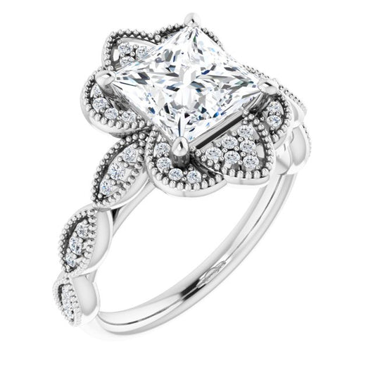 10K White Gold Customizable Cathedral-style Princess/Square Cut Design with Floral Segmented Halo & Milgrain+Accents Band