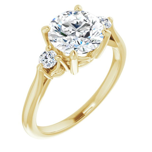 18K Yellow Gold Customizable Three-stone Round Cut Design with Small Round Accents and Vintage Trellis/Basket