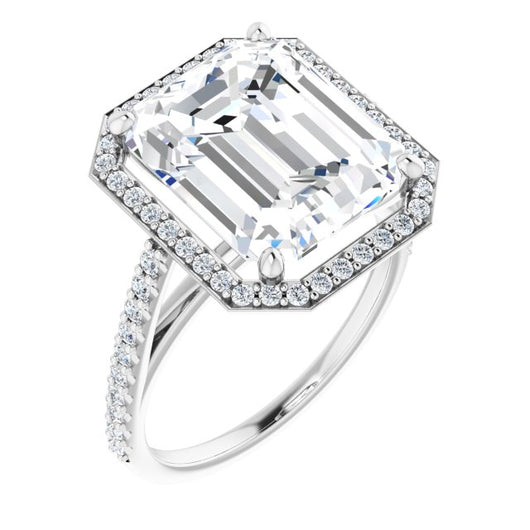 10K White Gold Customizable Emerald/Radiant Cut Design with Halo and Thin Pavé Band