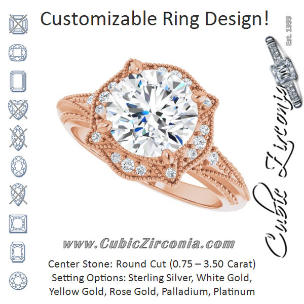 Cubic Zirconia Engagement Ring- The Ashton (Customizable Vintage Round Cut Design with Beaded Milgrain and Starburst Semi-Halo)