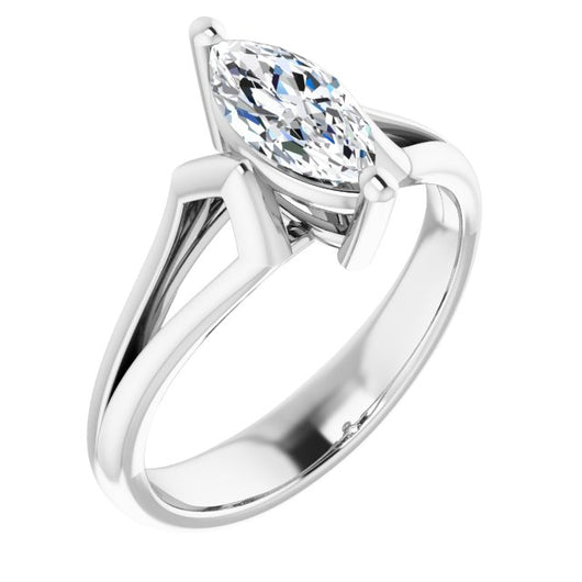 10K White Gold Customizable Cathedral-Raised Marquise Cut Solitaire with Angular Chevron Split Band