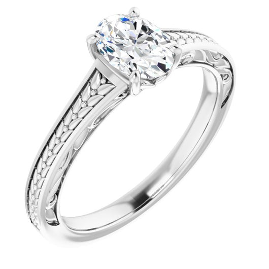 10K White Gold Customizable Oval Cut Solitaire with Organic Textured Band and Decorative Prong Basket