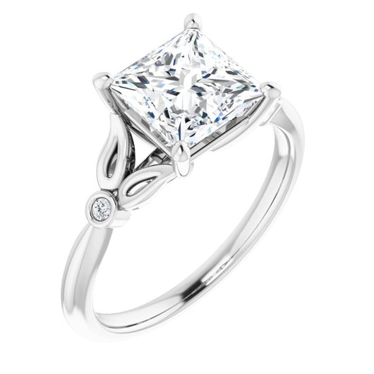 10K White Gold Customizable 3-stone Princess/Square Cut Design with Thin Band and Twin Round Bezel Side Stones