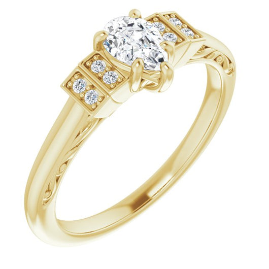 10K Yellow Gold Customizable Engraved Design with Pear Cut Center and Perpendicular Band Accents