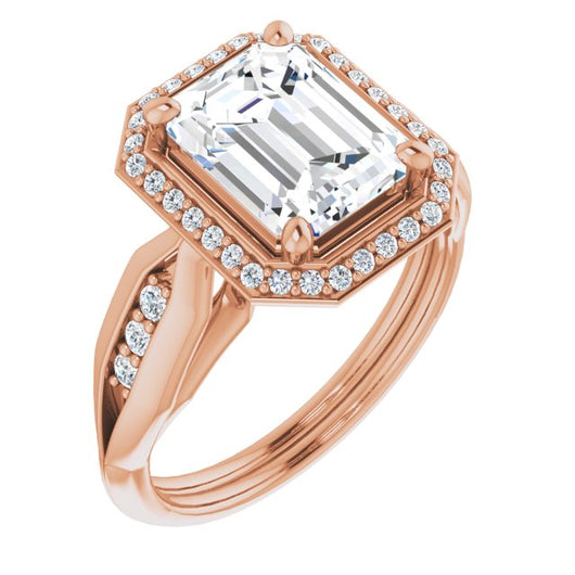 10K Rose Gold Customizable Cathedral-raised Emerald/Radiant Cut Design with Halo and Tri-Cluster Band Accents