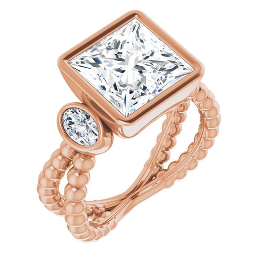 10K Rose Gold Customizable 3-stone Princess/Square Cut Design with 2 Oval Cut Side Stones and Wide, Bubble-Bead Split-Band