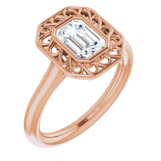 10K Rose Gold Customizable Cathedral-Bezel Style Emerald/Radiant Cut Solitaire with Flowery Filigree