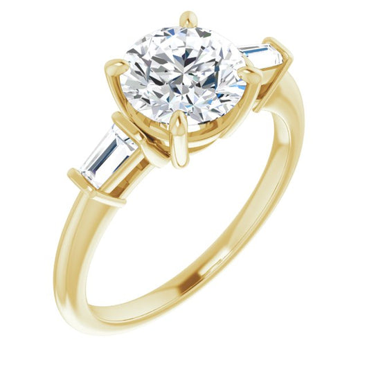 10K Yellow Gold Customizable 3-stone Round Cut Design with Dual Baguette Accents)