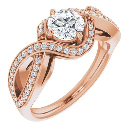 10K Rose Gold Customizable Round Cut Design with Twisting, Infinity-Shared Prong Split Band and Bypass Semi-Halo