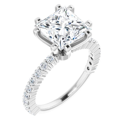 10K White Gold Customizable 8-prong Princess/Square Cut Design with Thin, Stackable Pav? Band