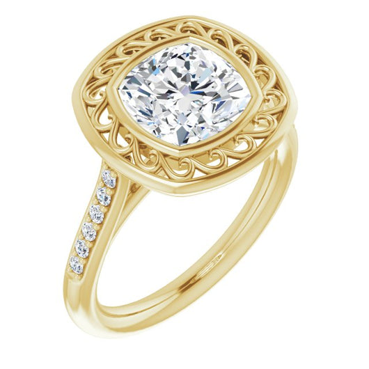 10K Yellow Gold Customizable Cathedral-Bezel Cushion Cut Design with Floral Filigree and Thin Shared Prong Band